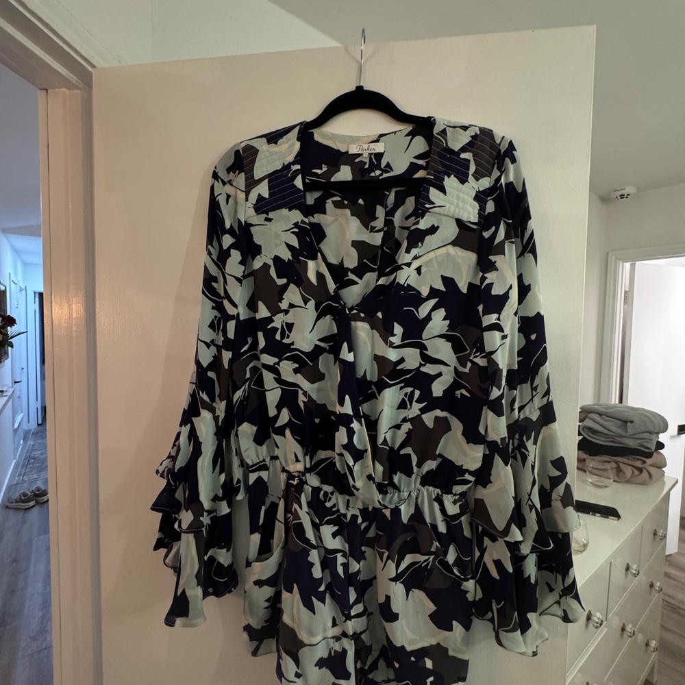 Parker Black and White Ruffled Bell Sleeve Blouse